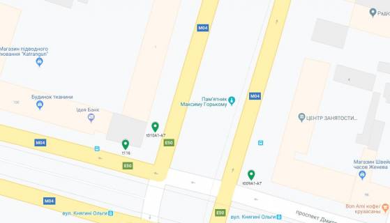 Скролер, Скрол A у Дніпро (Дніпропетровськ) Дмитра Яворницького (Карла Маркса) ін. (Кол. Маркса пр.), 100 - Княгині Ольги (Горького) вул., За перехрестям, на світлофор, в сторону вокзалу - 188419 схема