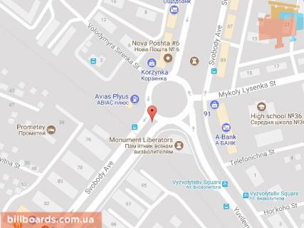 Билборд A в Каменское (Днепродзержинск), 6х3  просп. Свободи (Леніна) - просп. Ювілейний, напрямок від залізничного вокзалу схема