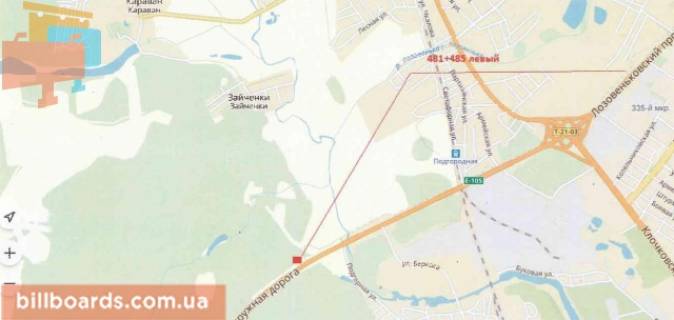 Білборд, Бігборд (Борд)  A у Харкові Окружна дорога (траса М-03 км 481 + 485) від Лозовеньківське просп., Вул. Клочківській в сторону вул. Залютинській схема