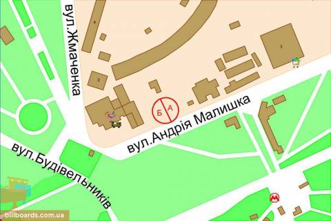 Билборд B в Киеве Малишка вул., 1, біля готелю "Братислава" схема