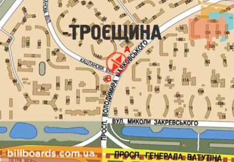 Білборд, Бігборд (Борд)   у Києві просп. Червоної Калини (Володимира Маяковського) / Каштановая ул. схема