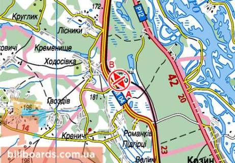 Билборд  в Киеве Обуховская трасса, 24200, ТРЦ Мануфактура", супермаркет "МегаМаркет", в Киев схема