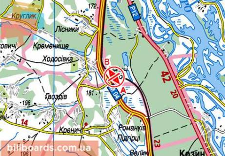 Билборд  в Киеве Обуховская трасса, 24200, ТРЦ Мануфактура", супермаркет "МегаМаркет", из Киева схема