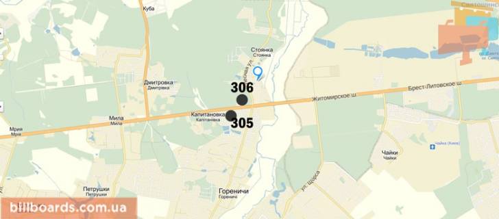 Білборд, Бігборд (Борд)  A у Києві Житомирська траса 20 км. - Стоянка, в сторону Києва схема