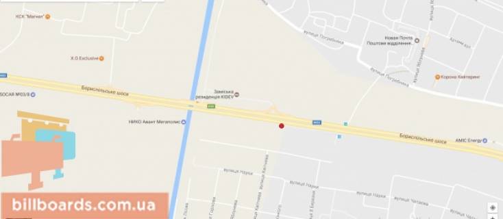 Білборд, Бігборд (Борд)  A у Києві Бориспільська траса в м.Бориспіль (29 + 850, за 1 км. До повороту на с.Гора) направл. в м.Бориспіль, правий схема