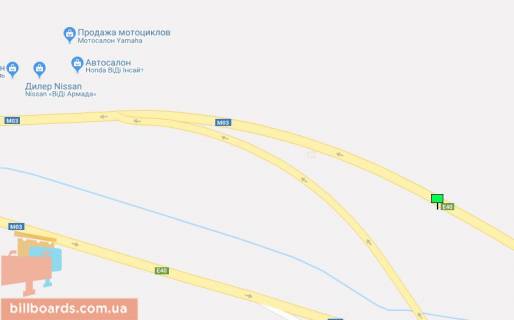 Билборд A в Киеве Бориспільське шосе, виїзд з Борисполя, перед поворотом в аеропорт (550 м до автосалонів HONDA, VOLVO, PORSCHE) схема