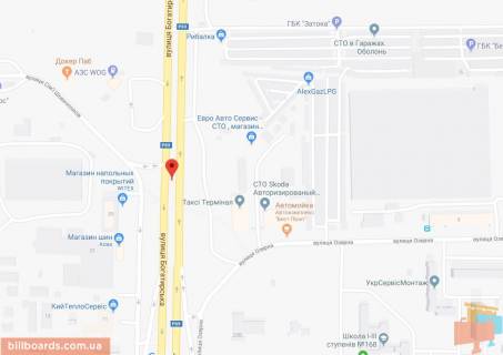 Билборд A в Киеве Богатирська вул. / Сім’ї Шовкоплясів вул. (Павла Дибенка)., з центру схема