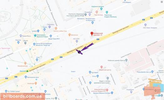 Билборд B в Киеве Броварський пр., 31/33, навпроти, АЗС "КЛО", в сторону центру схема