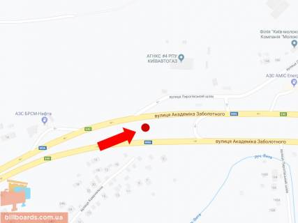 Билборд A в Киеве, 3x6  Заболотного вул - Пирогівський шлях. (Червонопрапорна), біля тютюнової фабрики, роздільник, в бік Столичного шосе схема