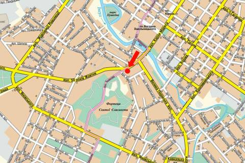 Билборд B в Кропивницкий (Кировоград) Соборна вул. (кол. 50-річчя Жовтня вул.) / Святослава Хороброго вул. (Ушакова)., супермаркет "Копилка", кінотеатр "Портал", готель "Турист" схема