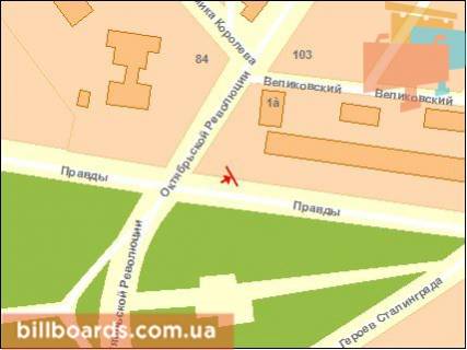 Билборд B в Кропивницкий (Кировоград) Тельнова вул. (колиш. Правди пр.) - Вокзальна вул. (колиш. Жовтневої Революції вул.), 84 схема
