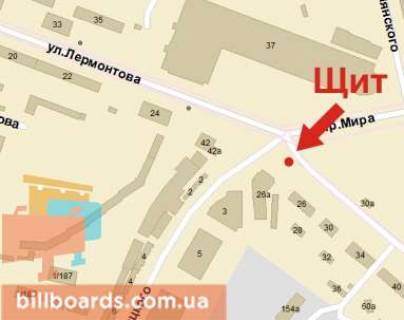 Білборд, Бігборд (Борд)  B у Кривому Розі Центральний просп. (кол. Вул. Лермонтова)., 26а - Старовокзальна вул. (Колиш. Урицького вул.) схема