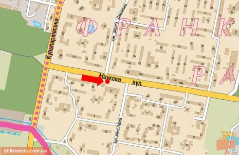 Билборд A в Львове, 3x6  Наукова вул., 53 - вул. Симоненка, роздільник, на світлофорі, біля супермаркету, в бік ТРЦ "Victoria Gardens", вул. Кульпарківська схема