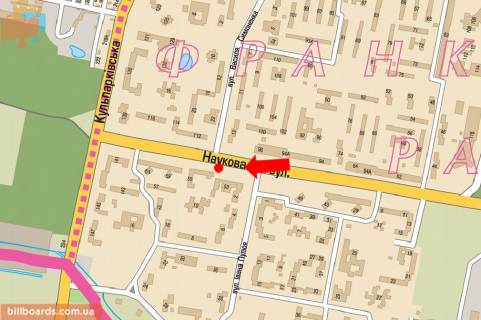 Билборд B в Львове, 3x6  Наукова вул., 53 - вул. Симоненка, роздільник, на світлофорі, біля супермаркету, в бік ТРЦ "Victoria Gardens", вул. Кульпарківська схема