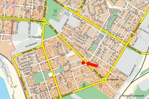 Билборд B в Николаеве, 3x6  Миру пр. / Театральна вул. (кол. Васляєва вул.), біля Приватбанку, супермаркету "Novus", в центр схема