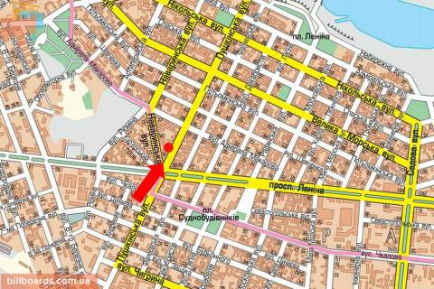 Билборд B в Николаеве, 3x6  Аркасівська вул. (Пушкінська) . / Андрія Покровського вул. (Наваринська) . / Центральний пр. (кол. Леніна пр.), Пушкінське кільце схема