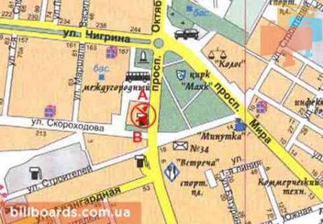 Билборд  в Николаеве Богоявленский  пр. (бывш. Октябрьский пр.) / Ковальська вул. (Кузнецька, Скороходова) , из центра схема