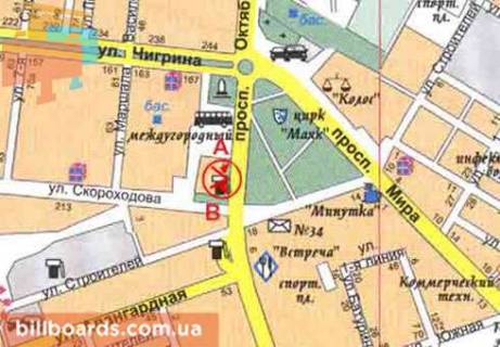 Билборд  в Николаеве Богоявленский  пр. (бывш. Октябрьский пр.) / Ковальська вул. (Кузнецька, Скороходова) , в центр схема