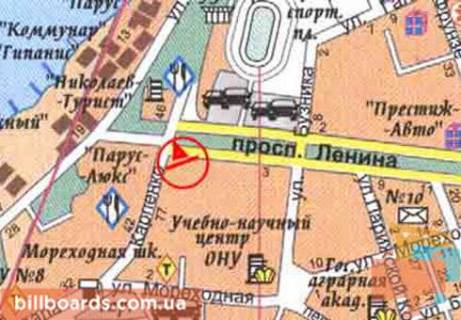 Билборд  в Николаеве Центральный пр. (бывш. Ленина пр.) / Карпенко ул., в центр схема