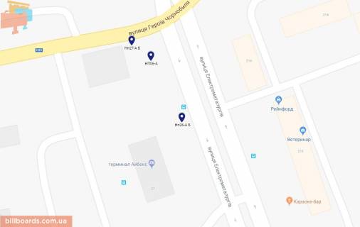Білборд, Бігборд (Борд)  A у Нікополі, 6х3  просп.Електрометалургів, автовозкзал, поруч з VARUS, напрямок руху в центр схема