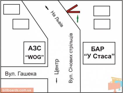 Billboard A in Rivne Dubens'ka st. (kolis. Sicovih Stril'civ st.), v storonu L'vova scheme