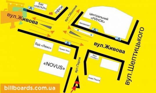 Билборд A в Тернополе Перля ул., возле супермаркетов "Novus", "Эльдорадо", "Jysk", в сторону автовокзала схема