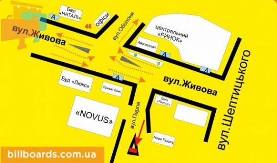 Білборд, Бігборд (Борд)  A у Тернополі Перля ул., возле супермаркетов "Novus", "Эльдорадо", "Jysk", в сторону Острожского ул. схема