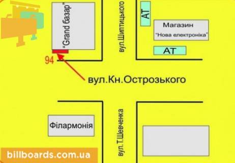 Білборд, Бігборд (Борд)  A у Тернополі Острожского ул., 14 / Шептицкого ул., фасад схема