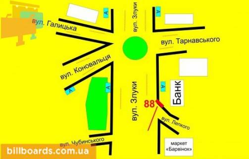 Білборд, Бігборд (Борд)  A у Тернополі Злуки пр. / Лепкого ул., возле ТЦ "Юбилейный" схема