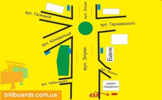 Билборд A в Тернополе Злуки пр., возле ТЦ "Юбилейный" схема
