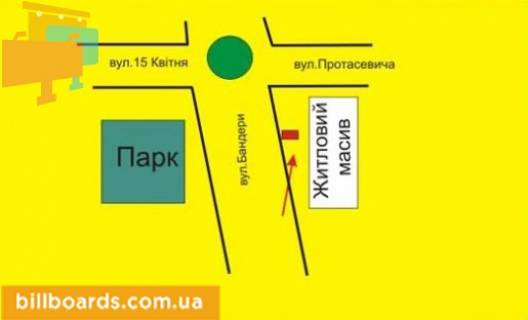 Билборд A в Тернополе Бандеры пр., возле Приватбанка, в сторону Протасевича ул. схема