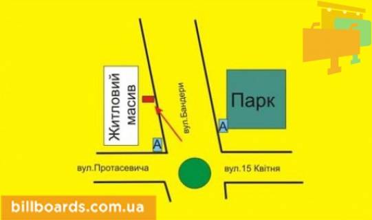 Билборд B в Тернополе Бандеры пр., возле Приватбанка, в сторону Коновальца ул. схема