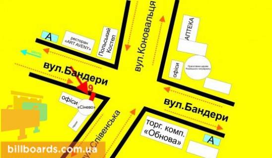 Билборд A в Тернополе Бандеры пр. / Коновальца ул., из центра схема