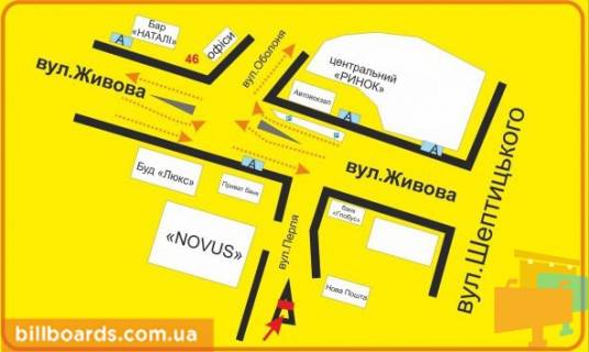 Ситилайт B в Тернополе Перля ул., возле Приватбанка, супермаркетов "Novus", "Эльдорадо", "Jysk" схема
