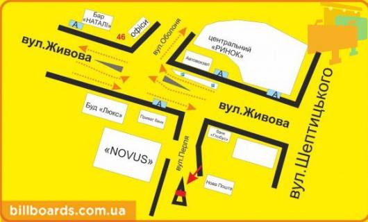 Ситилайт A в Тернополе Перля ул., возле Приватбанка, супермаркетов "Novus", "Эльдорадо", "Jysk" схема
