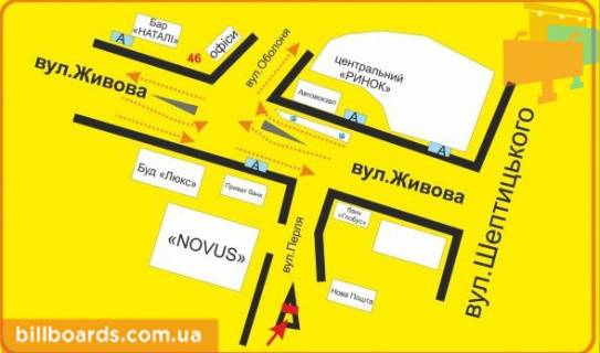 Ситилайт B в Тернополе Перля ул., возле супермаркетов "Novus", "Эльдорадо", "Jysk" схема