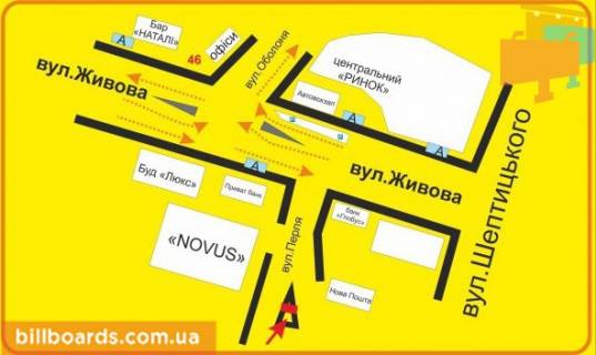 Ситилайт A в Тернополе Перля ул., возле супермаркетов "Novus", "Эльдорадо", "Jysk" схема