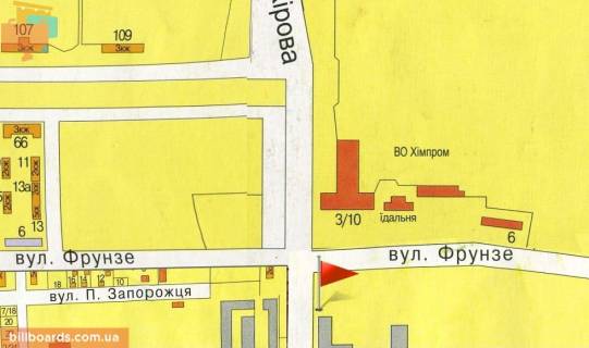 Билборд A в Виннице Батізька вул. (колиш. Кірова вул.) / Янгеля вул. (колиш. Фрунзе ул.), ринок "Муніципальний" схема