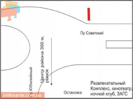 Білборд, Бігборд (Борд)  A у Запоріжжі Проспект Інженера Преображенського (Просп. Радянський). - Ювілейний пр., Коло, в центр схема