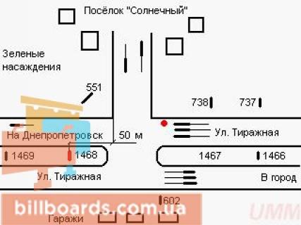 Billboard A in Zaporizhzhya Tirazna st., 70 m. vid viizdu z Sonacne sel. v storonu m. Zaporizza, v'izdu v Sonacne sel., viizd z mista scheme