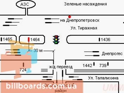 Білборд, Бігборд (Борд)  A у Запоріжжі Тиражна вул. - Академічна вул. схема