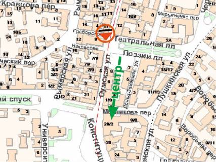 Видеоборд B в Харькове Сумська вул., 11 - Театральна пл., з центру, вартість за 60 виходів на годину ролика тривалістю - 8 сек. - 291445 схема
