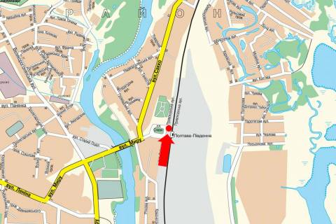Білборд, Бігборд (Борд)  A у Полтаві, 3x6  Слави пл., 1 / Привокзальна вул., біля Південного з/д вокзалу схема