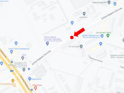 Білборд, Бігборд (Борд)  B у Кременчуці, 3x6  Пугачова вул., 33/27 - Гвардійська вул. схема
