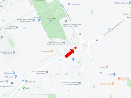Билборд  в Киеве, 3x6  просп. Червоної Калини (Володимира Маяковського). 31 - вул. Драйзера, на круговій розв'язці, в сторону Лифаря вул. (Колиш. Сабурова) схема