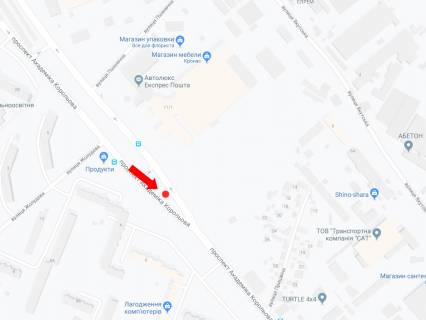Білборд, Бігборд (Борд)  A у Києві, 3x6  Королева пр., 4 - Олександра Махова вул. (Жолудєва), роздільник, в сторону супермаркету "Сільпо" схема