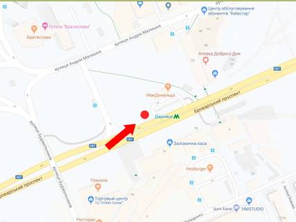 Білборд, Бігборд (Борд)   у Києві, 3x6  Броварський пр., 27, біля McDonalds's, ст. м. "Дарниця", з центру схема