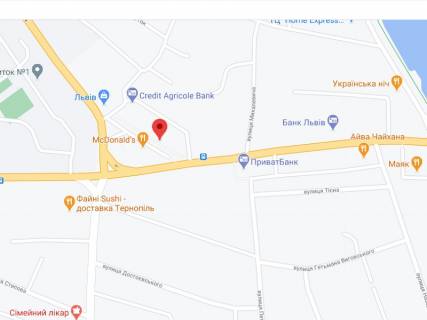 Білборд, Бігборд (Борд)  A у Тернополі Перемоги пл., 4Б, аптека "Мед Сервіс", №Л028, прайс за ролик 10 сек 1 вихід/5 хвилин, з 8:00-22:00. Розрахунок для інших параметрів трансляції уточнюйте у менеджера. схема