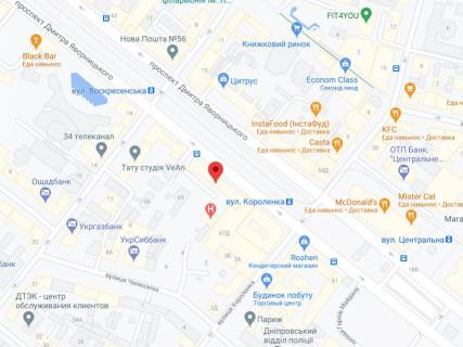 Видеоборд A в Днепр (Днепропетровск) Яворницького пр. (стара назва Маркса пр.), 67, аптека "Мед Сервіс", №Дп003, прайс за ролик 10 сек 1 вихід/5 хвилин, з 8:00-22:00. Розрахунок для інших параметрів трансляції уточнюйте у менеджера. - 301320 схема