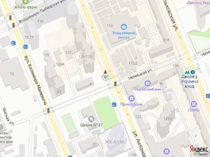 Билборд A в Киеве Антоновича вул. (колиш. Горького), 124/128, навпроти Володимирського ринку, прайс за трансляцію ролика 10 сек 1вихід/80 сек, з 0:00 до 23:59 схема